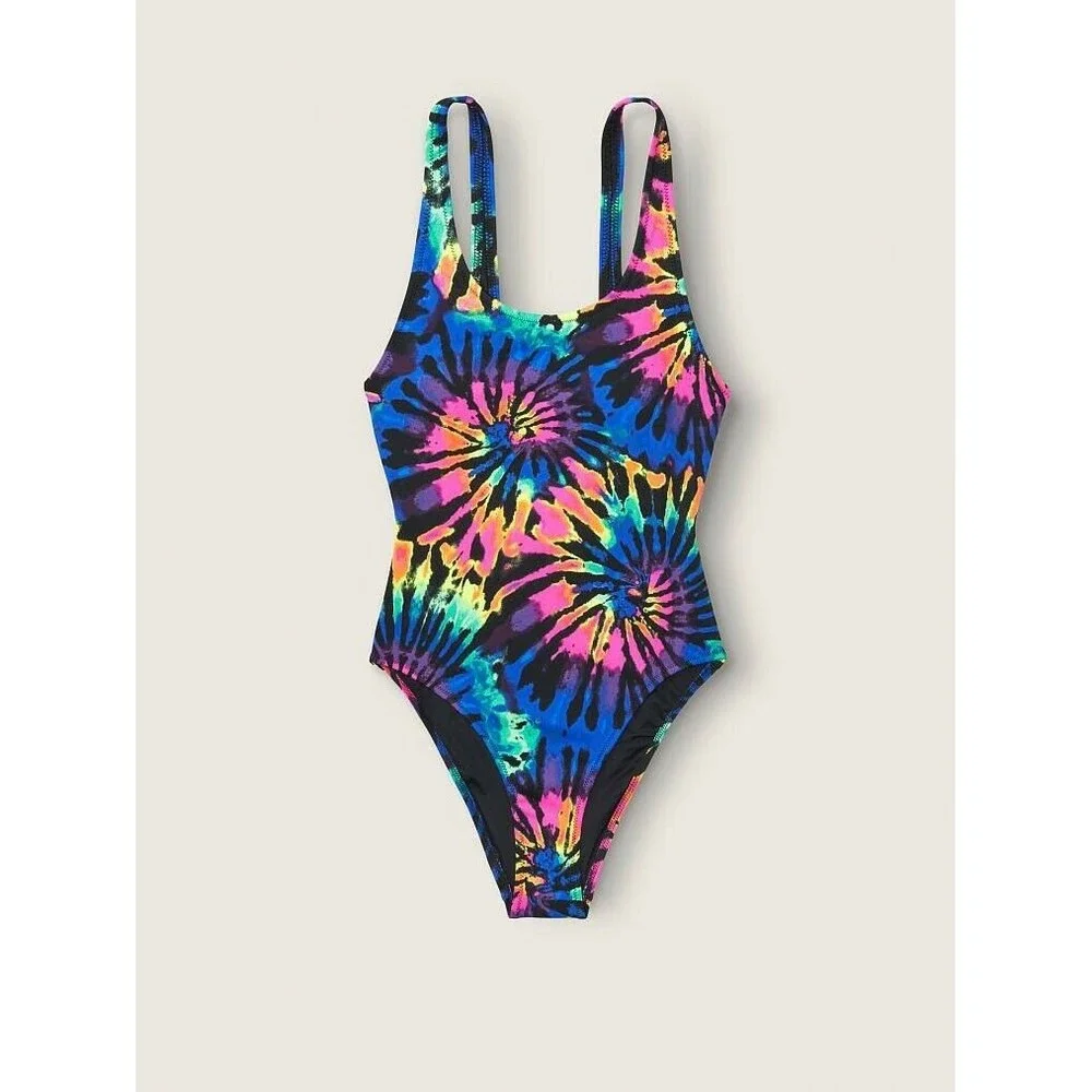 VS VICTORIAS SECRET PINK SCOOP NECK SWIM ONE PIECE BODYSUIT TOP RAINBOW XL - Picture 5 of 7